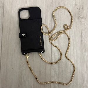 Bandolier Black Leather Phone Crossbody with Gold Chain Strap
